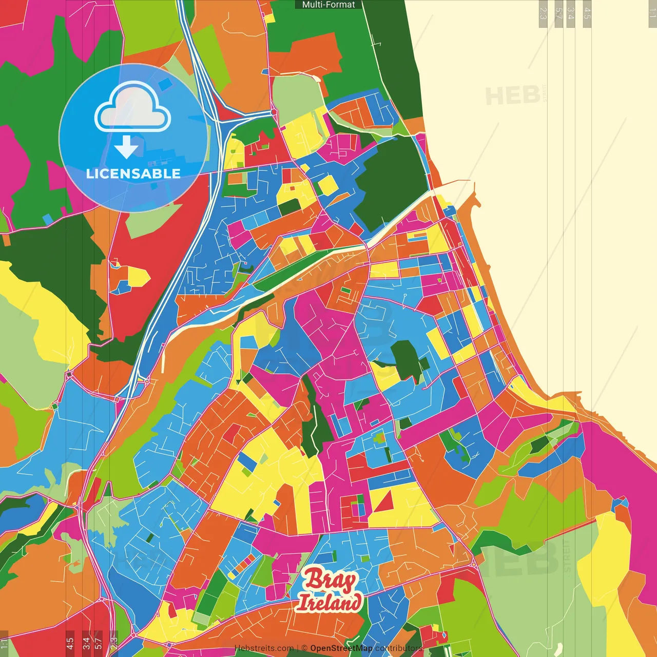 Bray, County Wicklow &amp; County Dublin, Ireland Crazy Colorful Street Map Poster Template
