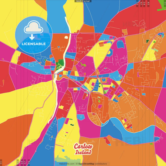 Carlow, County Carlow &amp; County Laois, Ireland Crazy Colorful Street Map Poster Template