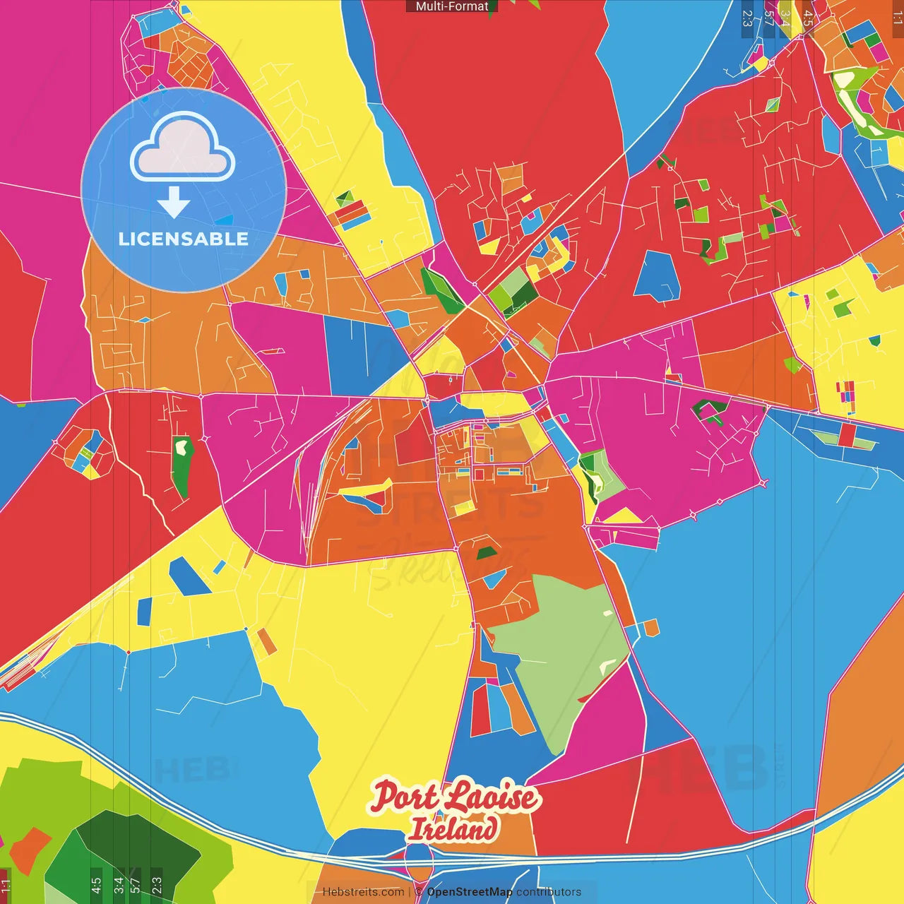 Port Laoise, County Laois, Ireland Crazy Colorful Street Map Poster Template