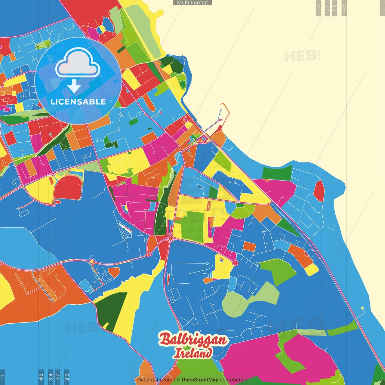 Balbriggan, Fingal, Ireland Crazy Colorful Street Map Poster Template