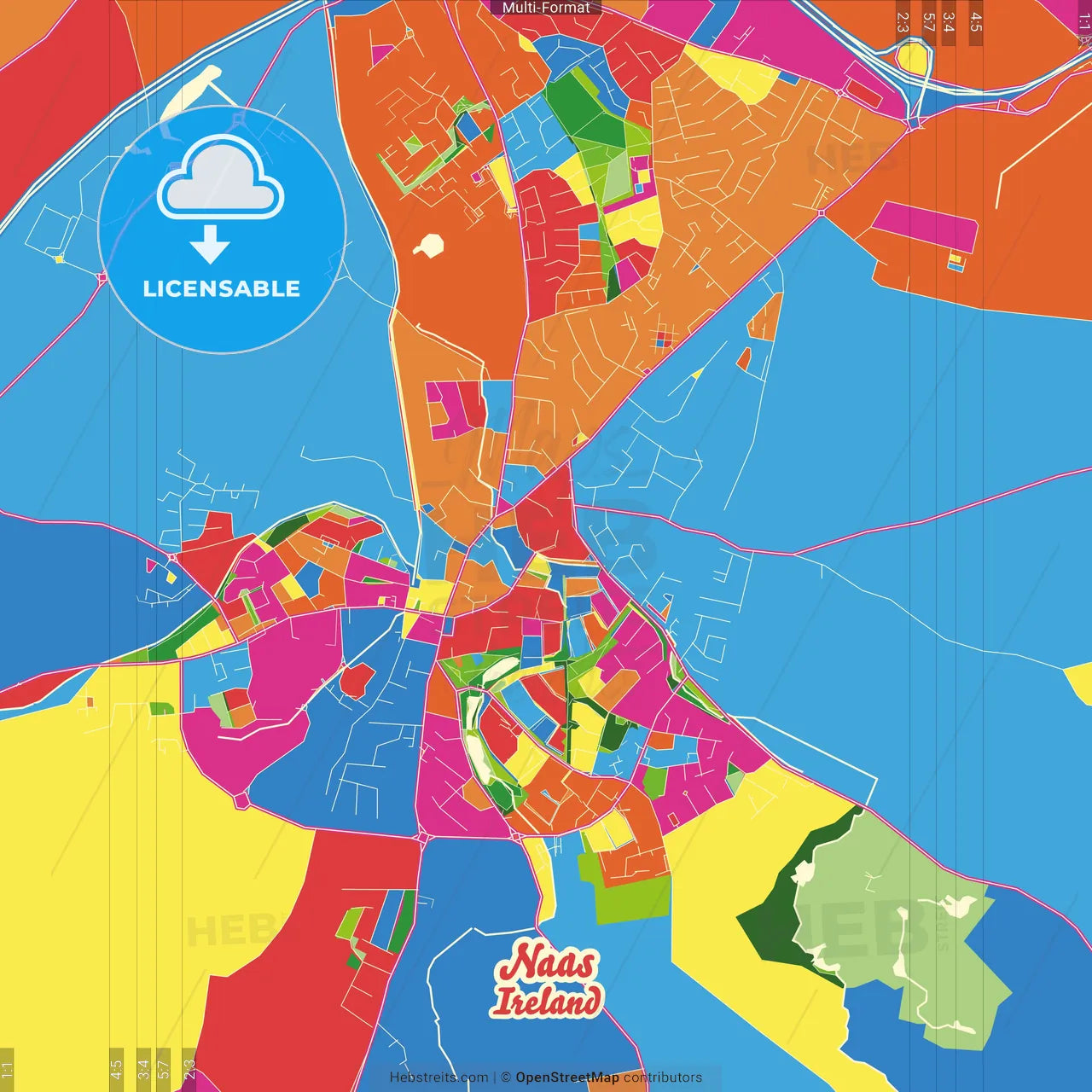 Naas, County Kildare, Ireland Crazy Colorful Street Map Poster Template