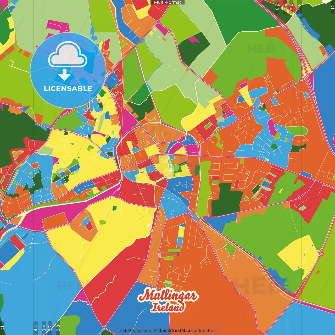 Mullingar, County Westmeath, Ireland Crazy Colorful Street Map Poster Template