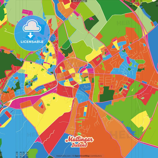 Mullingar, County Westmeath, Ireland Crazy Colorful Street Map Poster Template