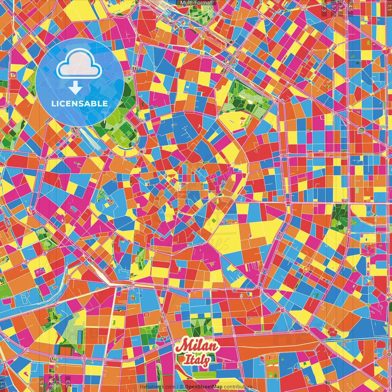 Milan, Lombardy, Italy Crazy Colorful Street Map Poster Template