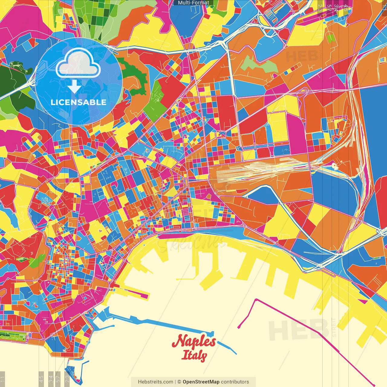 Naples, Campania, Italy Crazy Colorful Street Map Poster Template