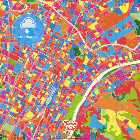 Turin, Piedmont, Italy Crazy Colorful Street Map Poster Template