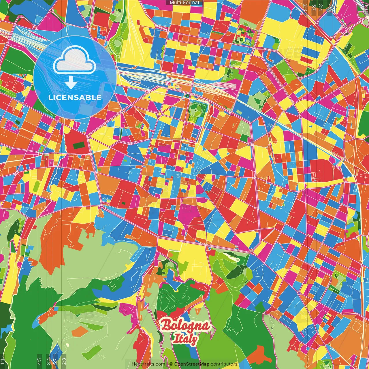 Bologna, Emilia-Romagna, Italy Crazy Colorful Street Map Poster Template