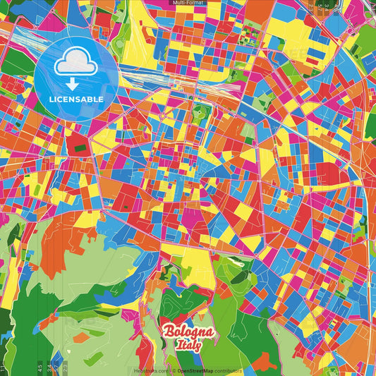 Bologna, Emilia-Romagna, Italy Crazy Colorful Street Map Poster Template