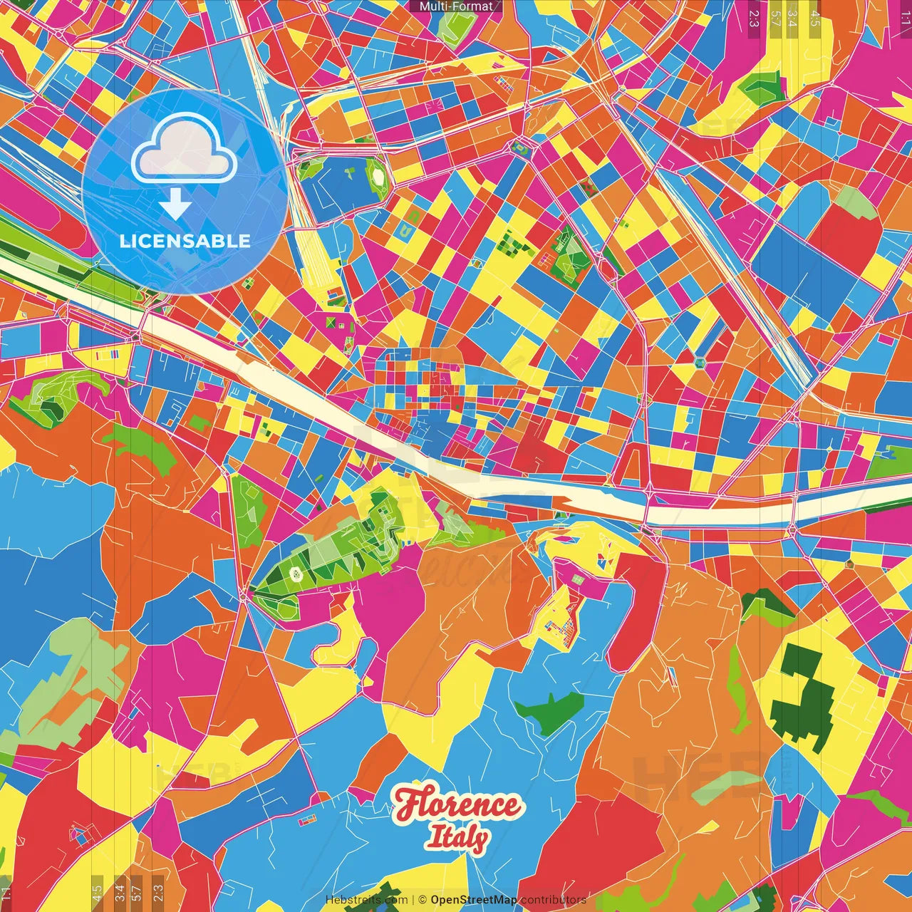 Florence, Tuscany, Italy Crazy Colorful Street Map Poster Template