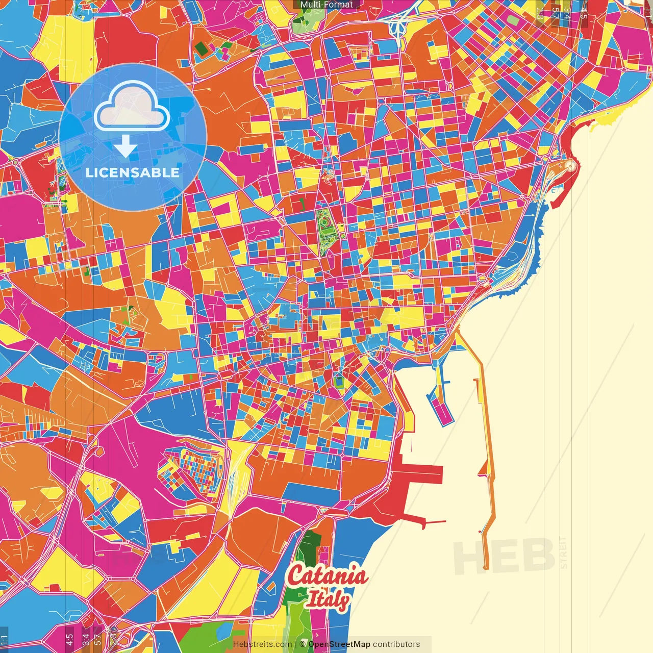 Catania, Sicily, Italy Crazy Colorful Street Map Poster Template