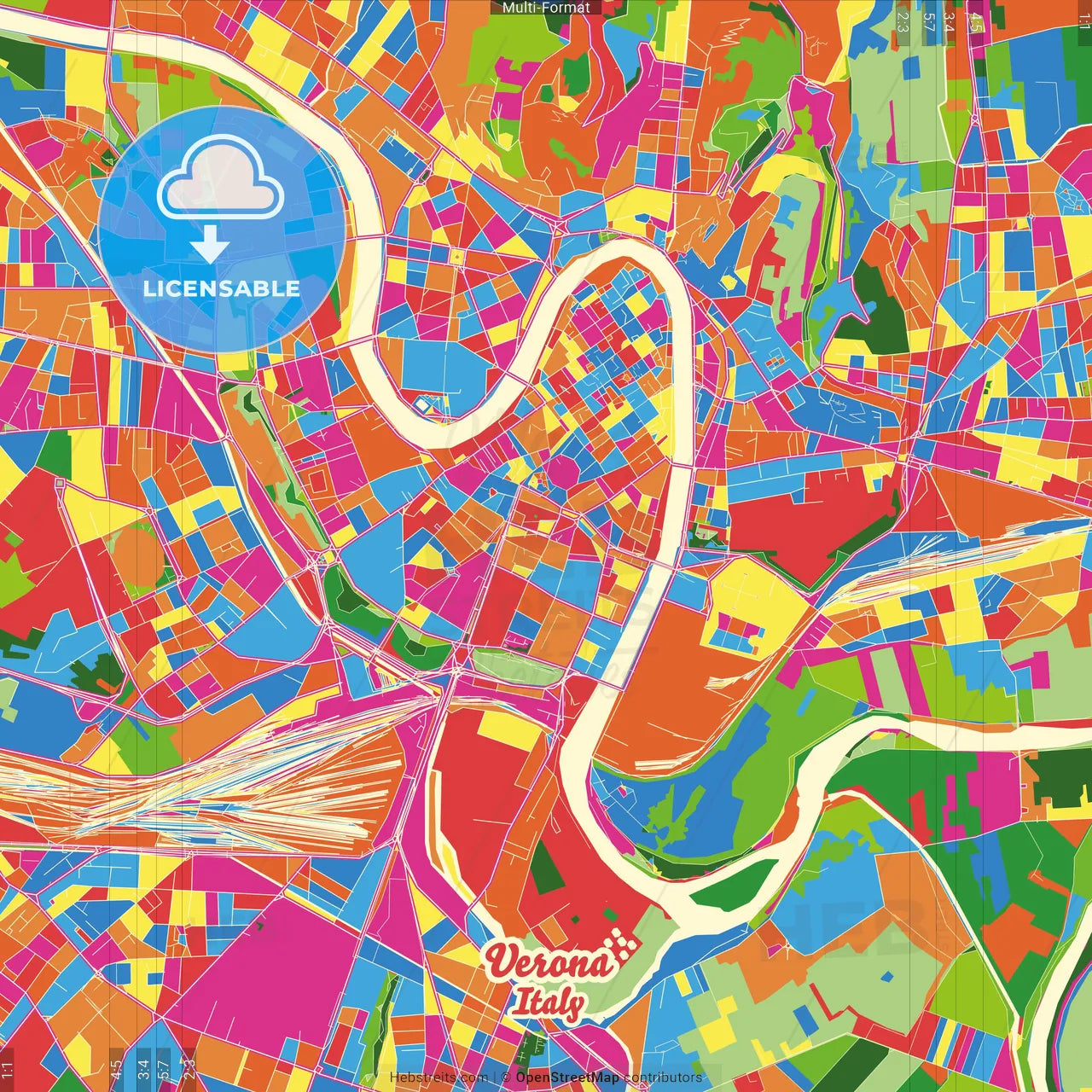 Verona, Veneto, Italy Crazy Colorful Street Map Poster Template