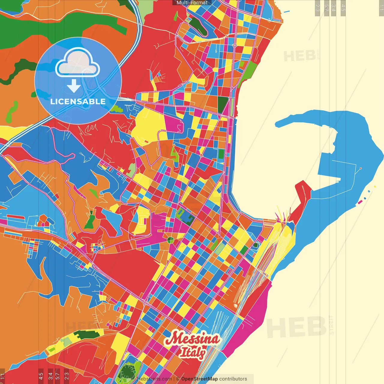 Messina, Sicily, Italy Crazy Colorful Street Map Poster Template