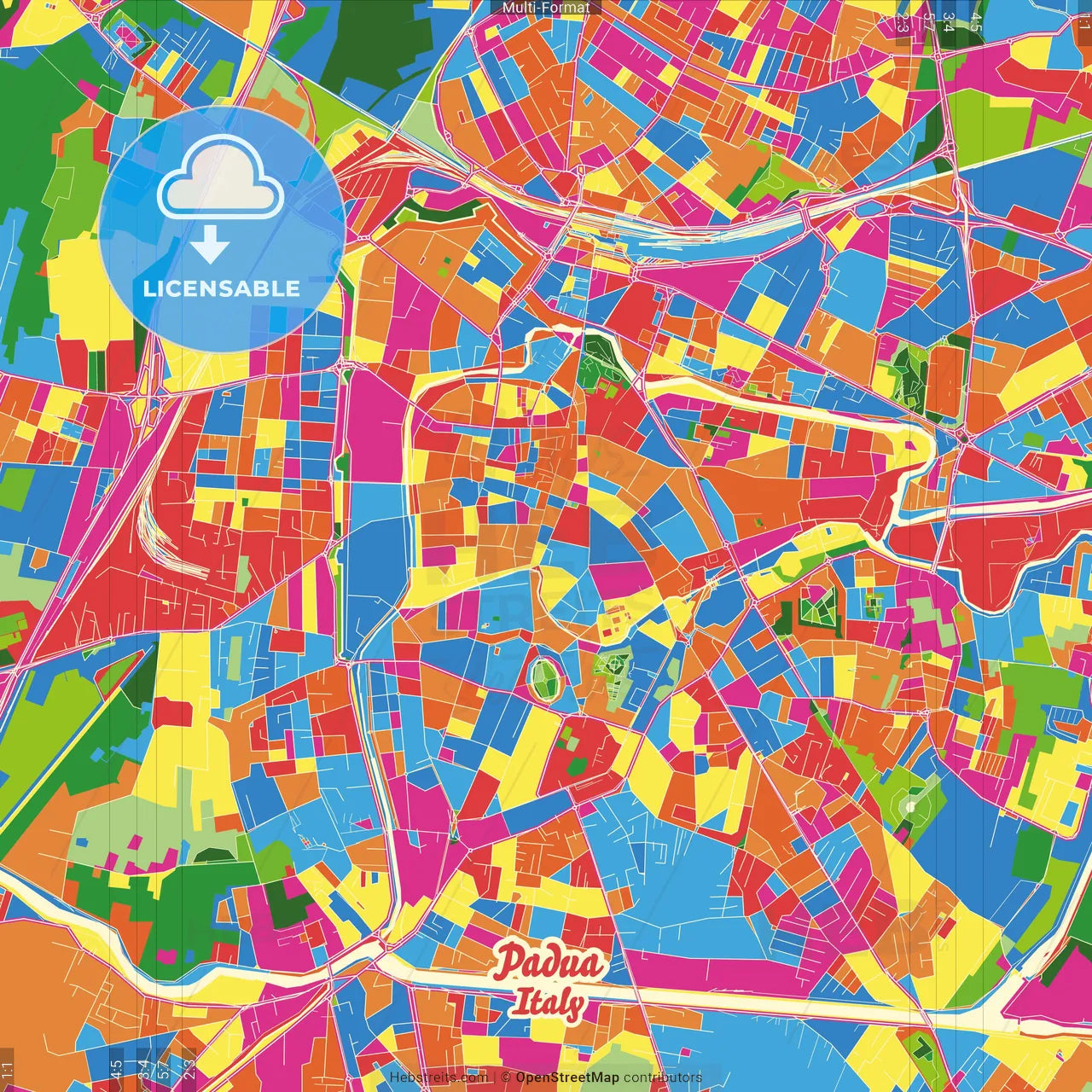 Padua, Veneto, Italy Crazy Colorful Street Map Poster Template