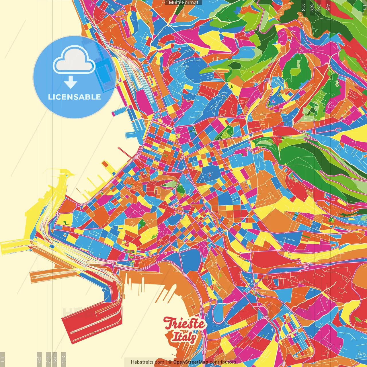 Trieste, Friuli-Venezia Giulia, Italy Crazy Colorful Street Map Poster Template