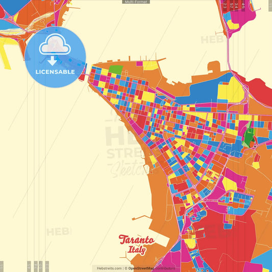 Taranto, Apulia, Italy Crazy Colorful Street Map Poster Template