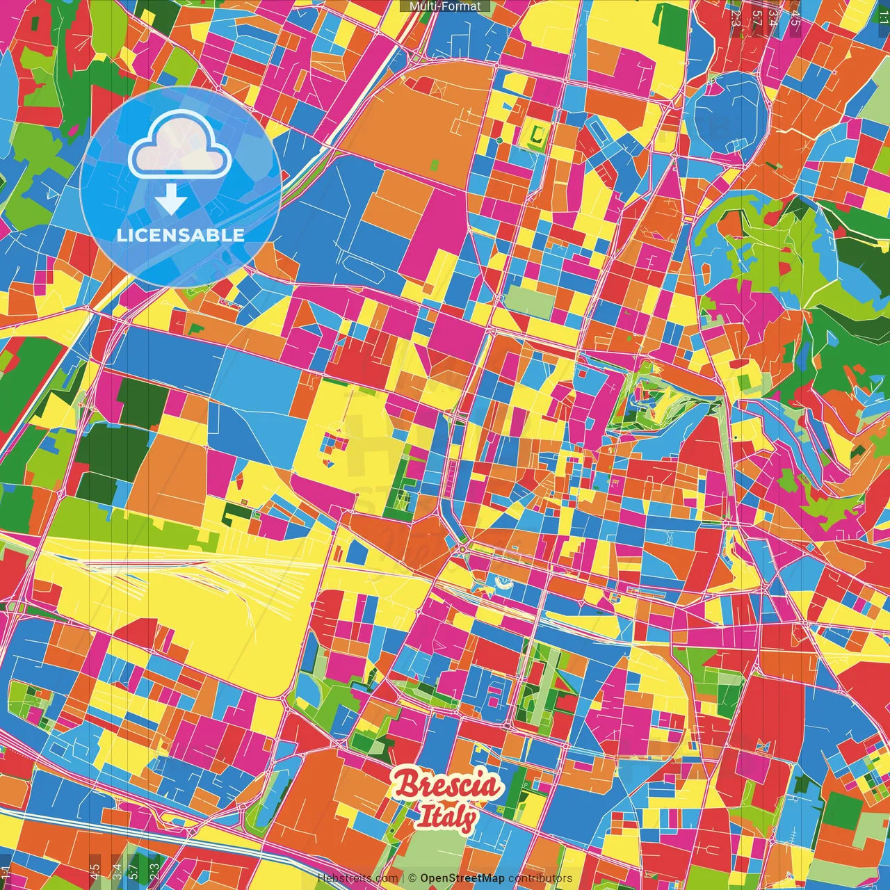 Brescia, Lombardy, Italy Crazy Colorful Street Map Poster Template