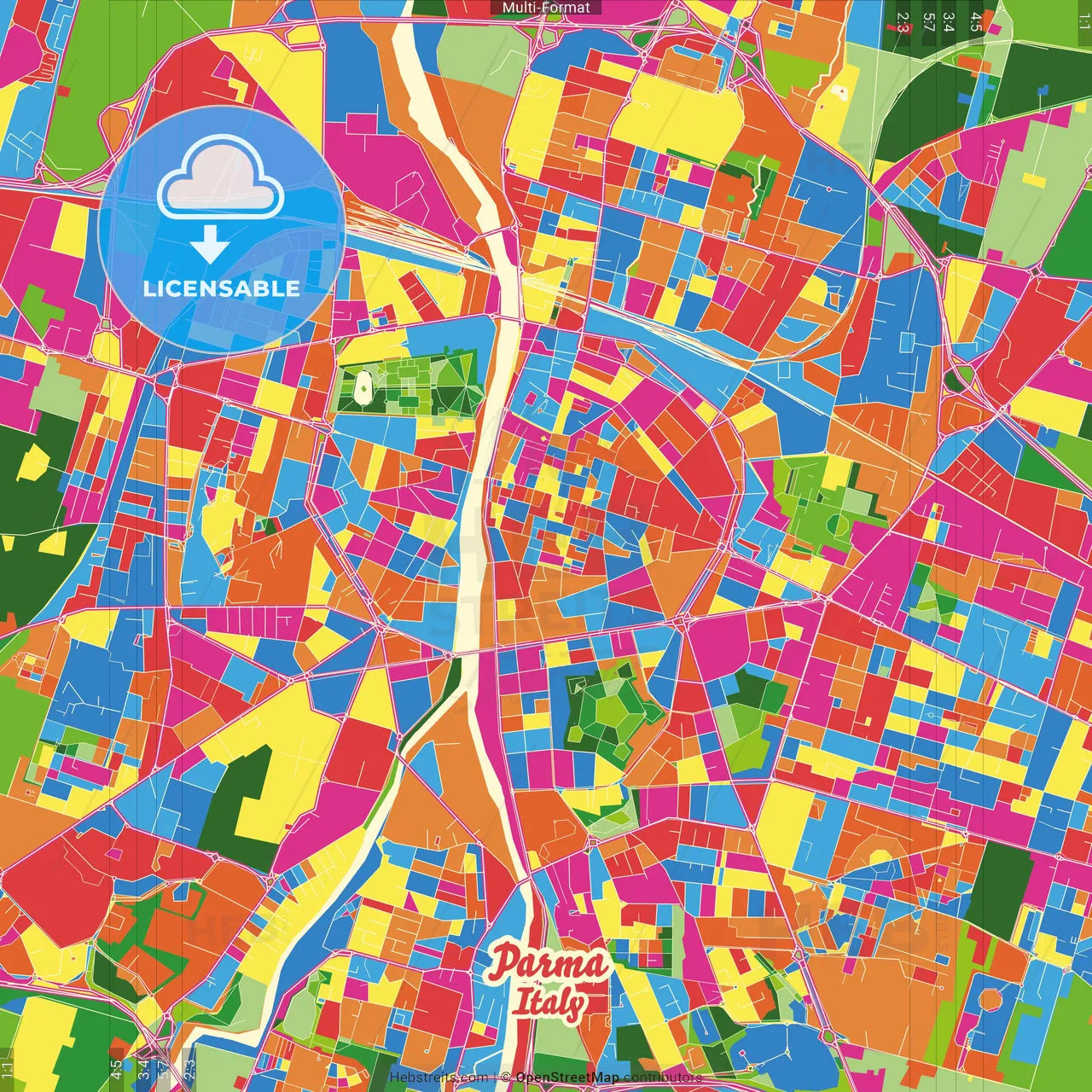 Parma, Emilia-Romagna, Italy Crazy Colorful Street Map Poster Template