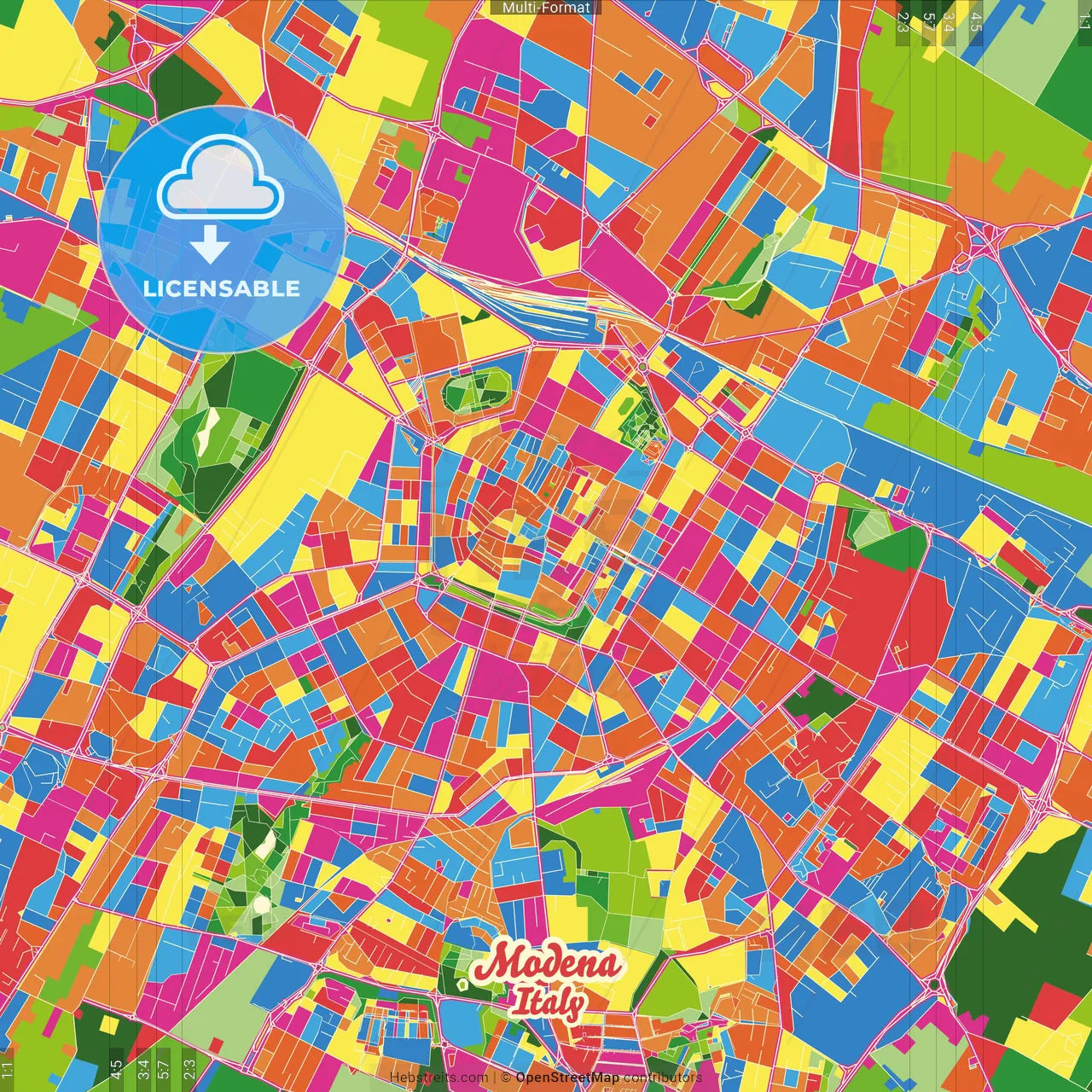 Modena, Emilia-Romagna, Italy Crazy Colorful Street Map Poster Template