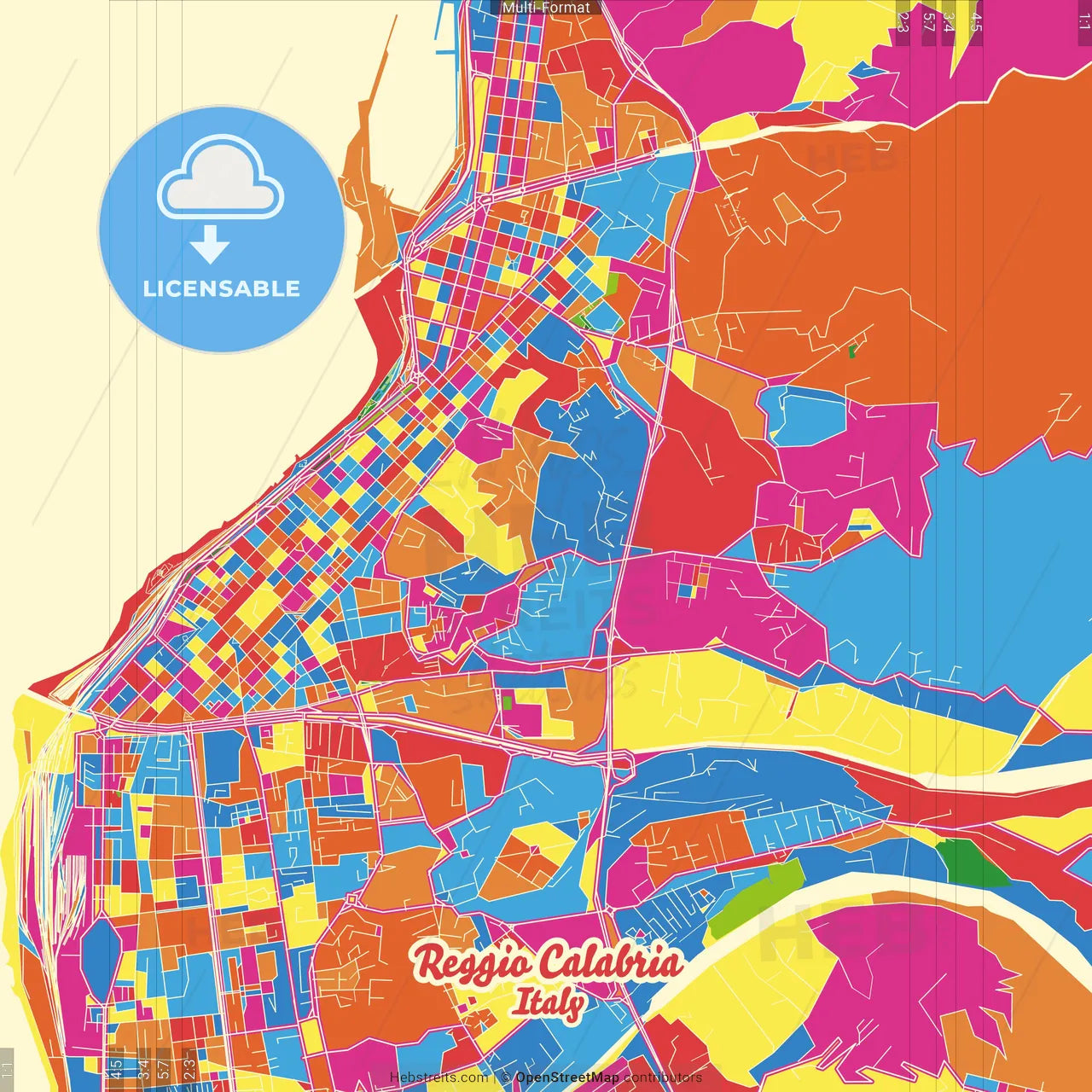 Reggio Calabria, Calabria, Italy Crazy Colorful Street Map Poster Template
