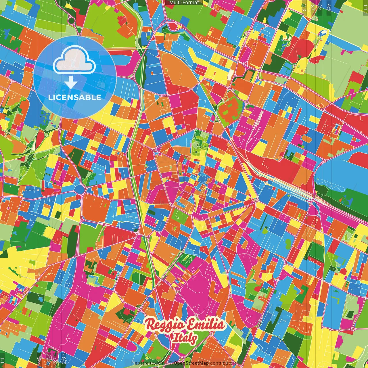 Reggio Emilia, Emilia-Romagna, Italy Crazy Colorful Street Map Poster Template