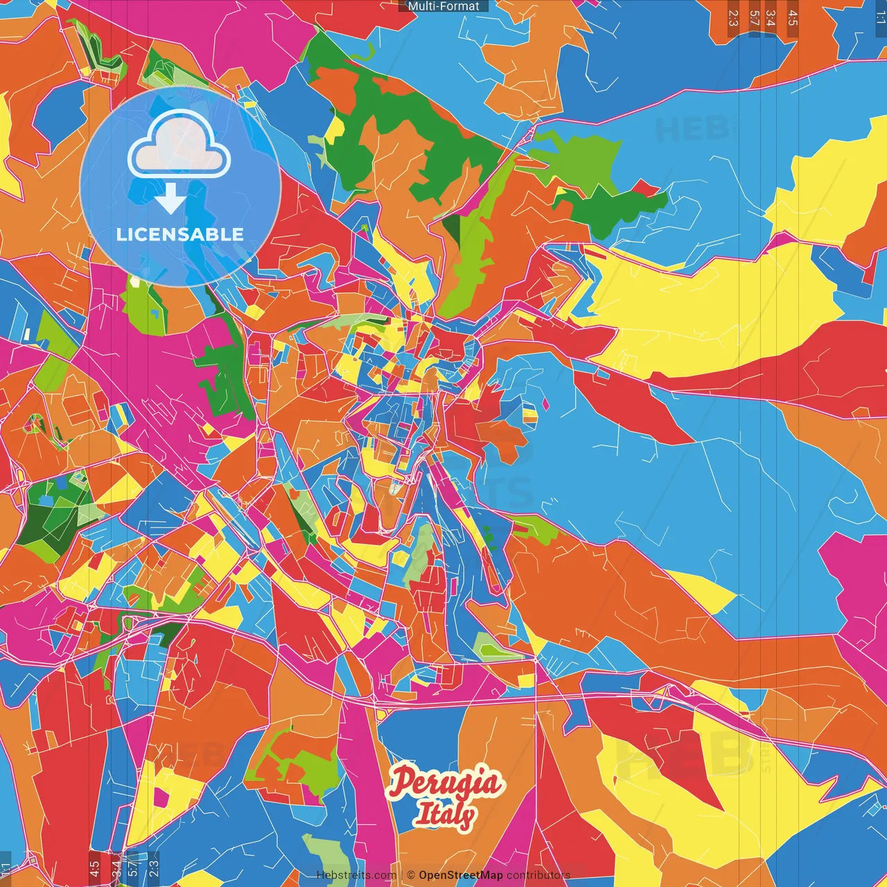 Perugia, Umbria, Italy Crazy Colorful Street Map Poster Template