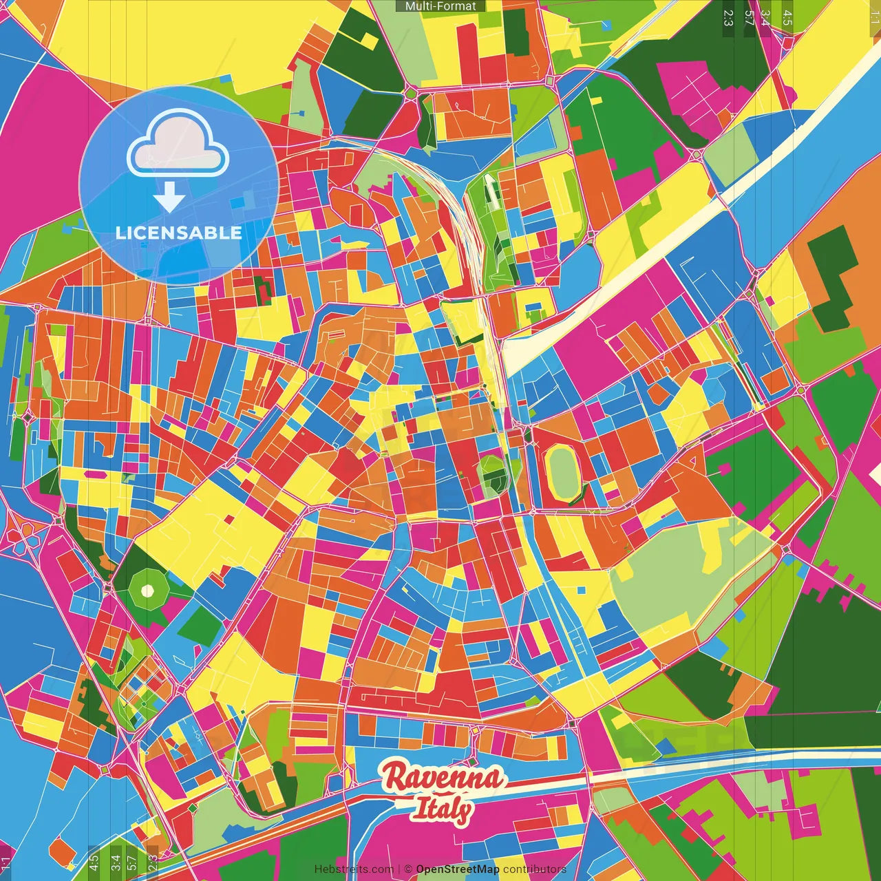 Ravenna, Emilia-Romagna, Italy Crazy Colorful Street Map Poster Template