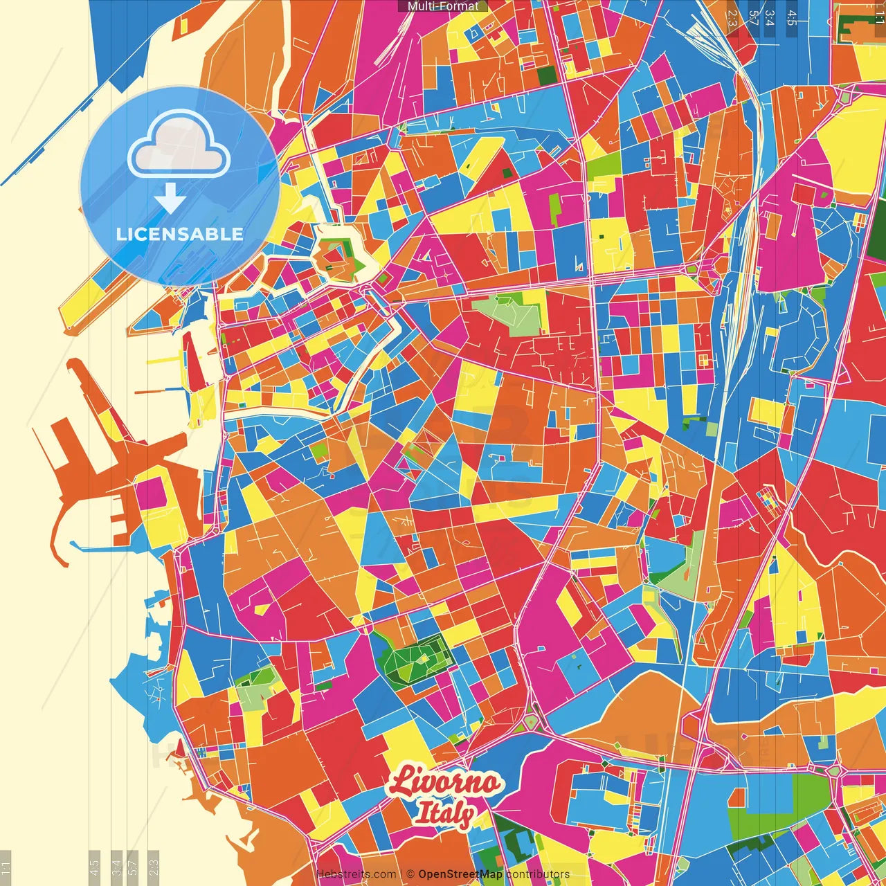 Livorno, Tuscany, Italy Crazy Colorful Street Map Poster Template