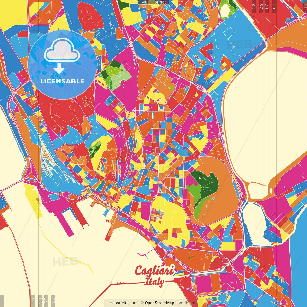 Cagliari, Sardinia, Italy Crazy Colorful Street Map Poster Template