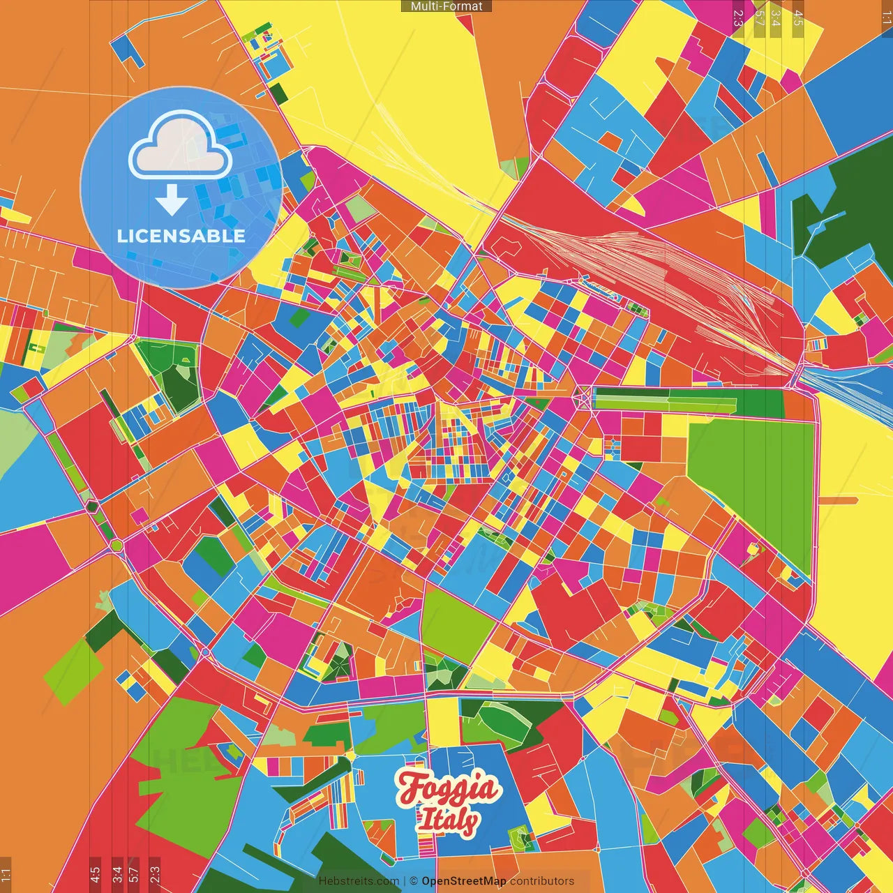 Foggia, Apulia, Italy Crazy Colorful Street Map Poster Template