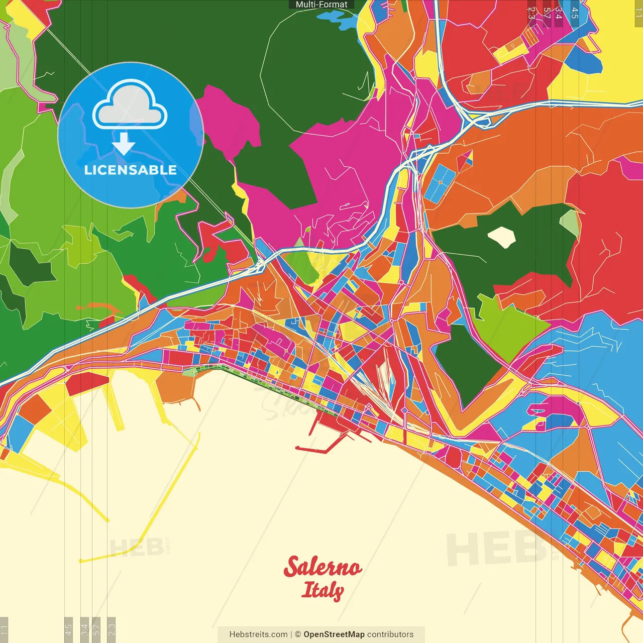 Salerno, Campania, Italy Crazy Colorful Street Map Poster Template