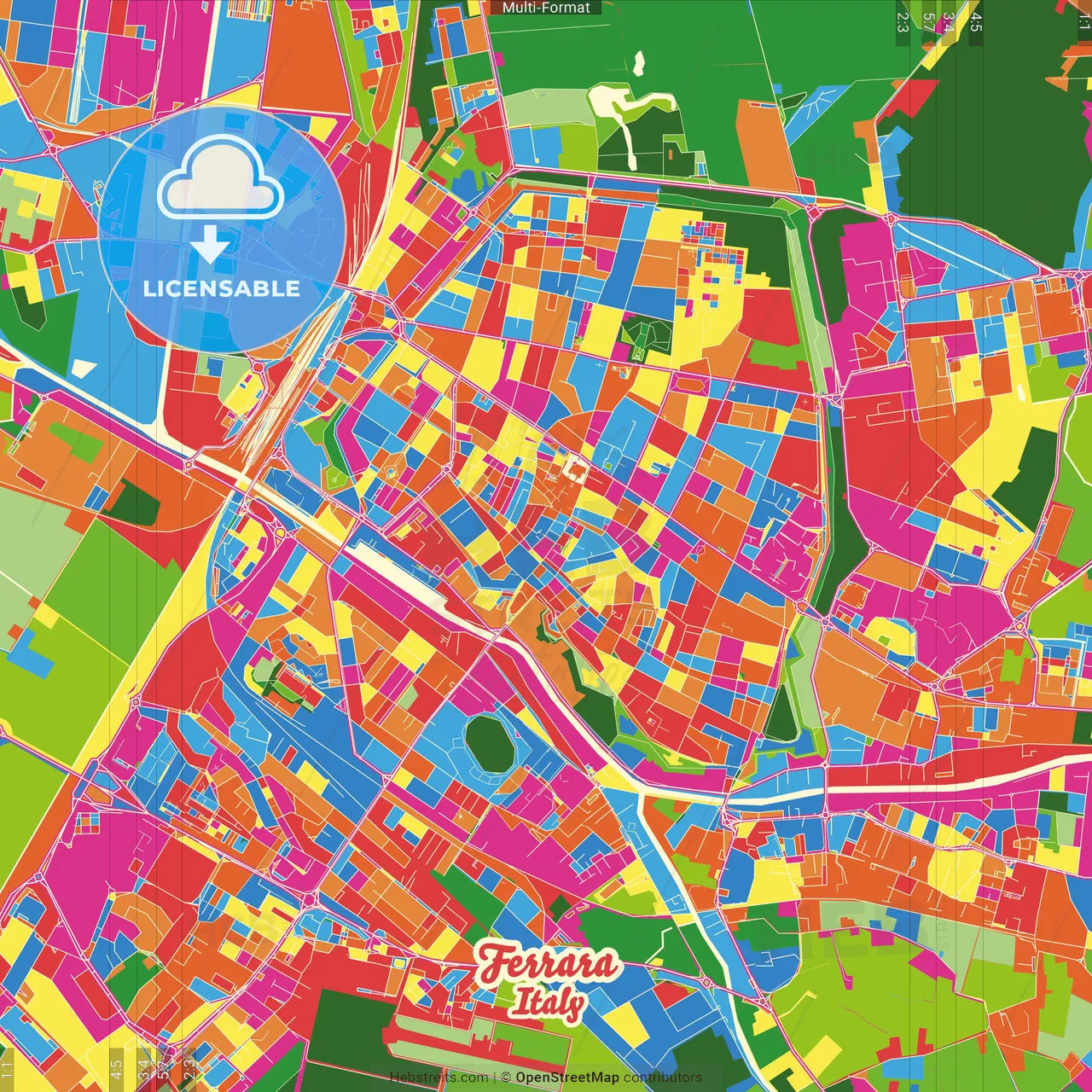 Ferrara, Emilia-Romagna, Italy Crazy Colorful Street Map Poster Template