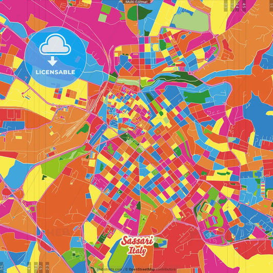 Sassari, Sardinia, Italy Crazy Colorful Street Map Poster Template