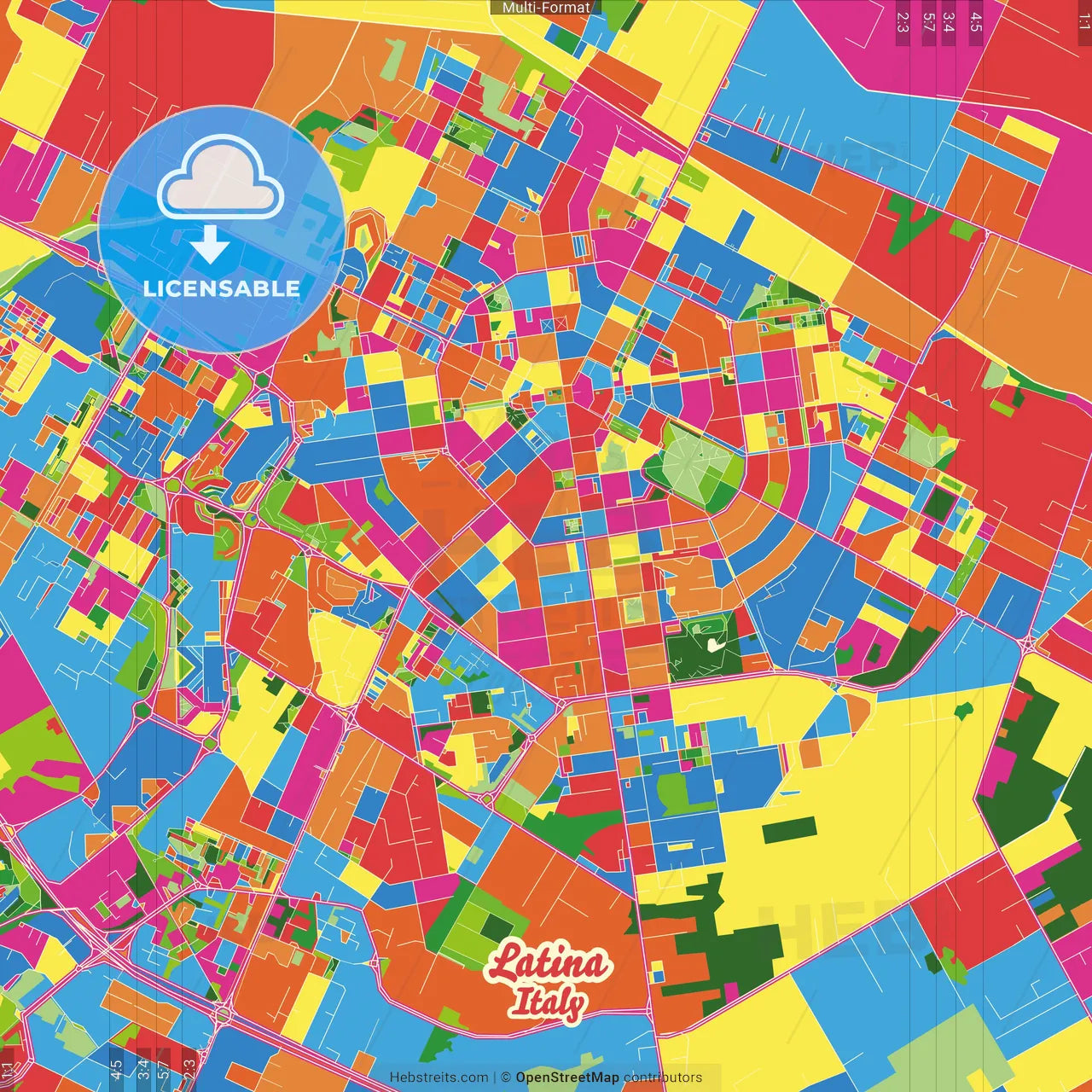 Latina, Lazio, Italy Crazy Colorful Street Map Poster Template