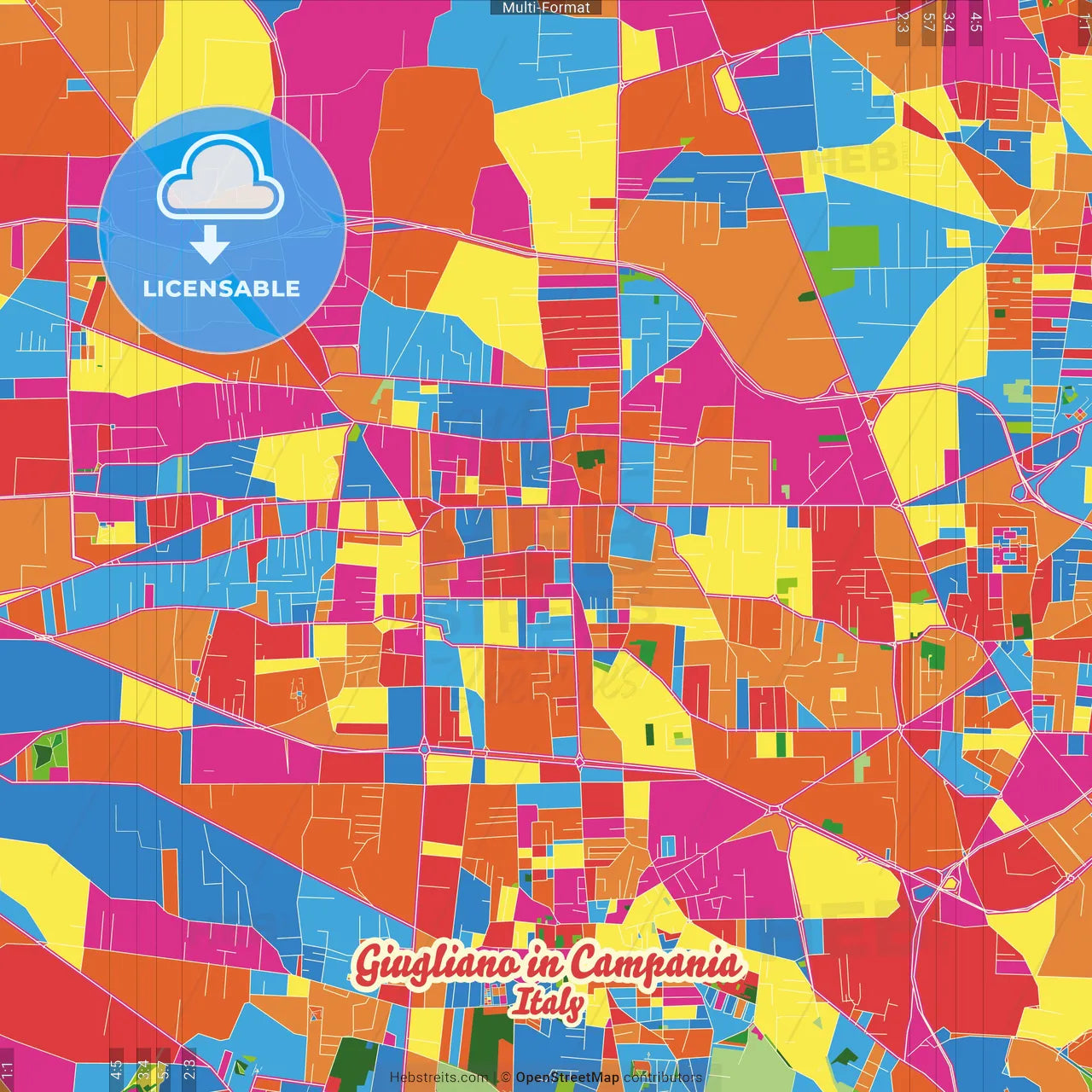 Giugliano in Campania, Campania, Italy Crazy Colorful Street Map Poster Template