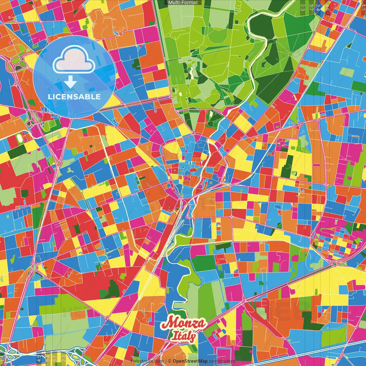 Monza, Lombardy, Italy Crazy Colorful Street Map Poster Template