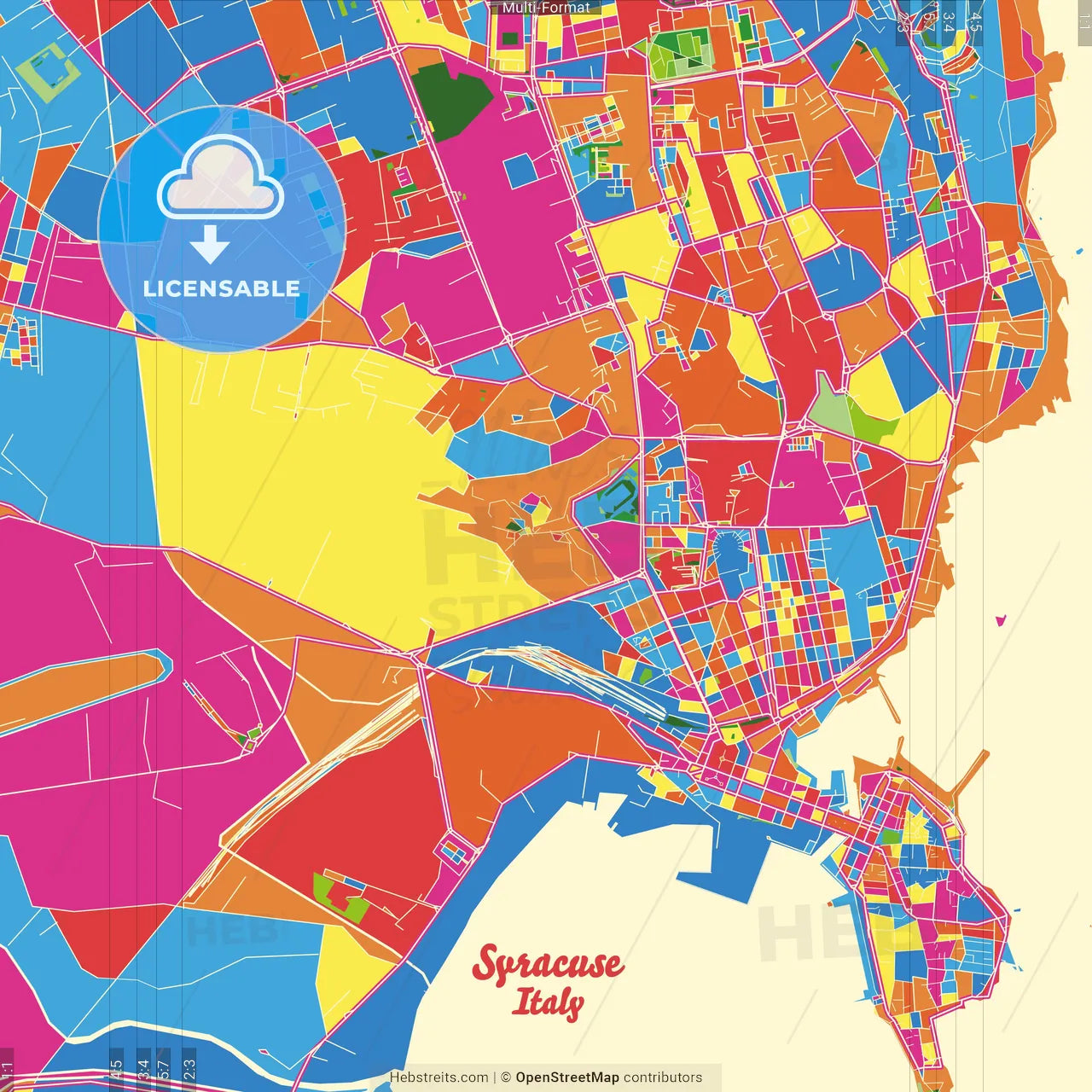 Syracuse, Sicily, Italy Crazy Colorful Street Map Poster Template