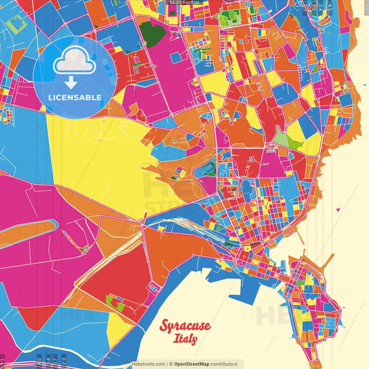 Syracuse, Sicily, Italy Crazy Colorful Street Map Poster Template