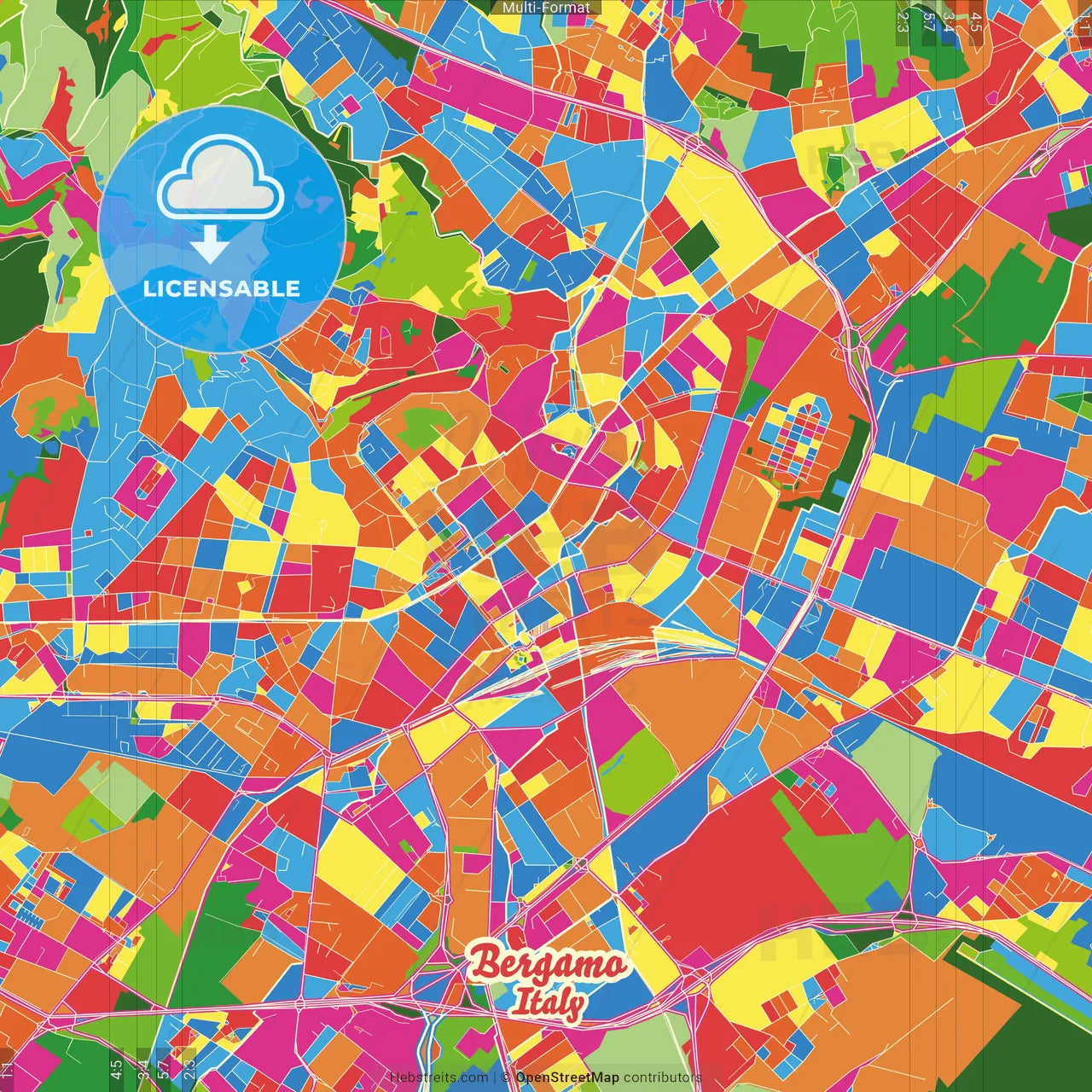 Bergamo, Lombardy, Italy Crazy Colorful Street Map Poster Template