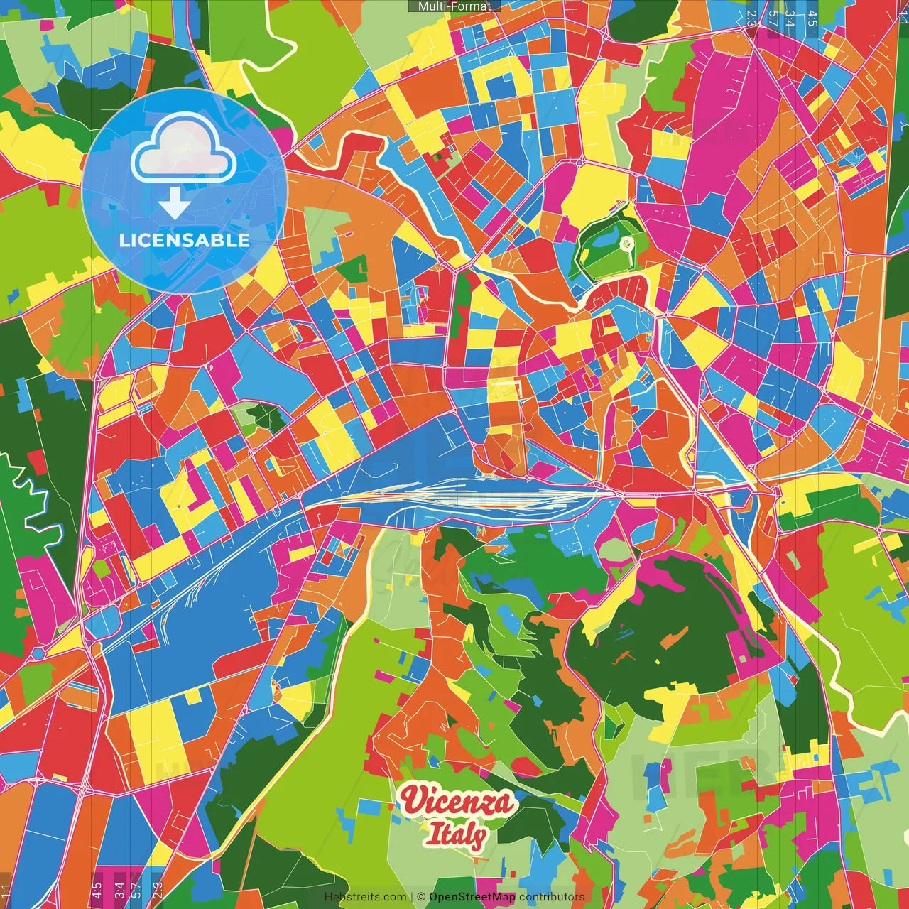 Vicenza, Veneto, Italy Crazy Colorful Street Map Poster Template