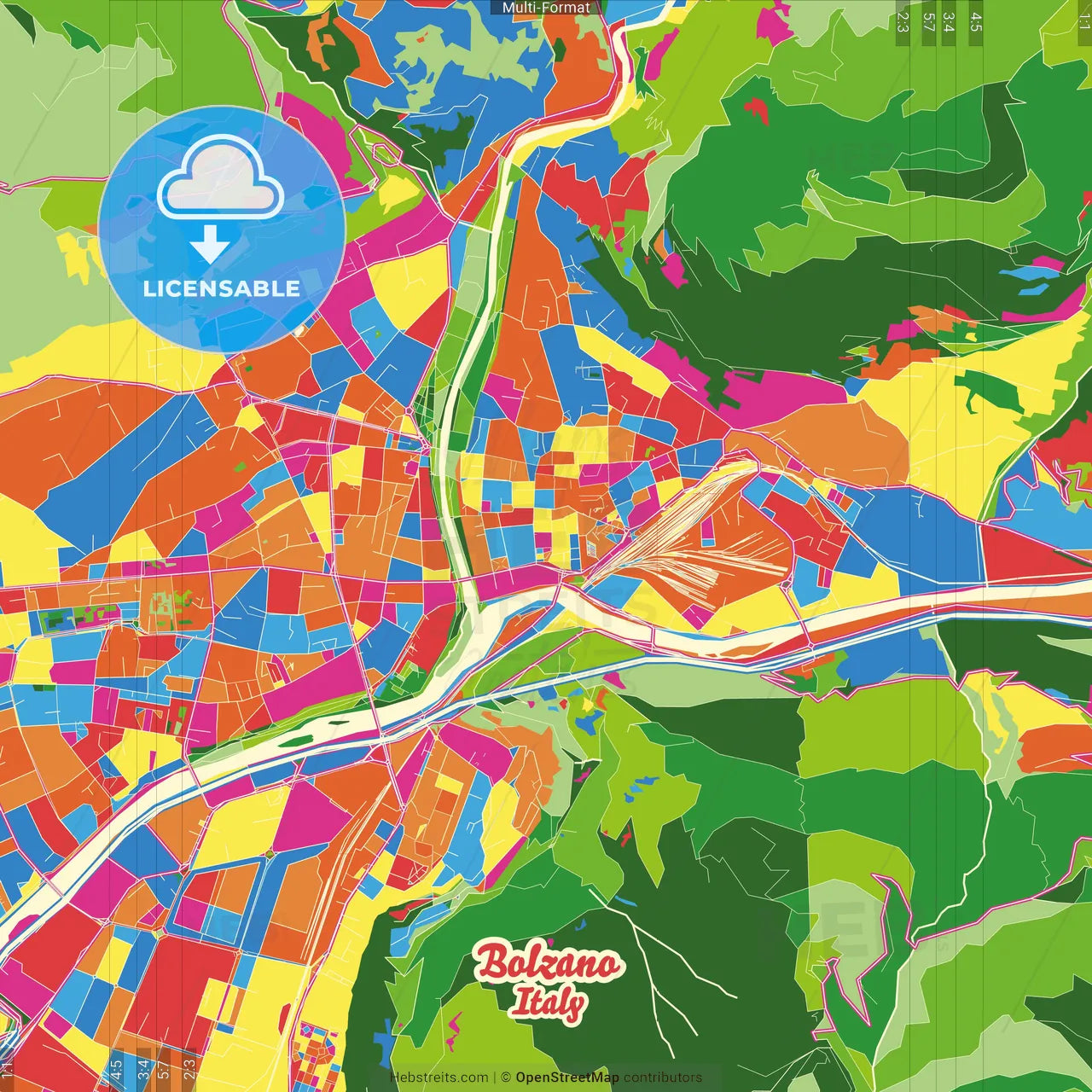 Bolzano, Trentino-Alto Adige/Südtirol, Italy Crazy Colorful Street Map Poster Template