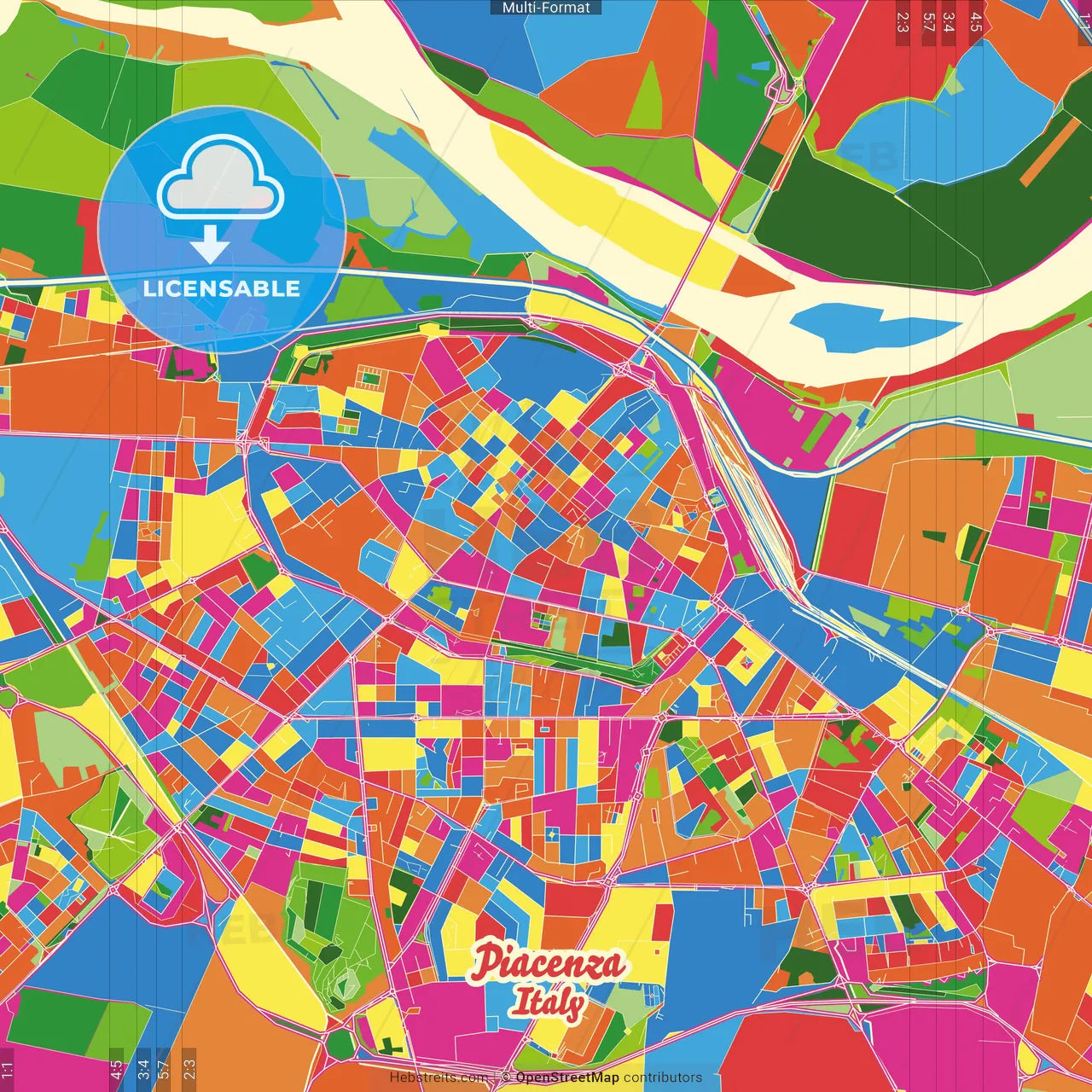 Piacenza, Emilia-Romagna, Italy Crazy Colorful Street Map Poster Template