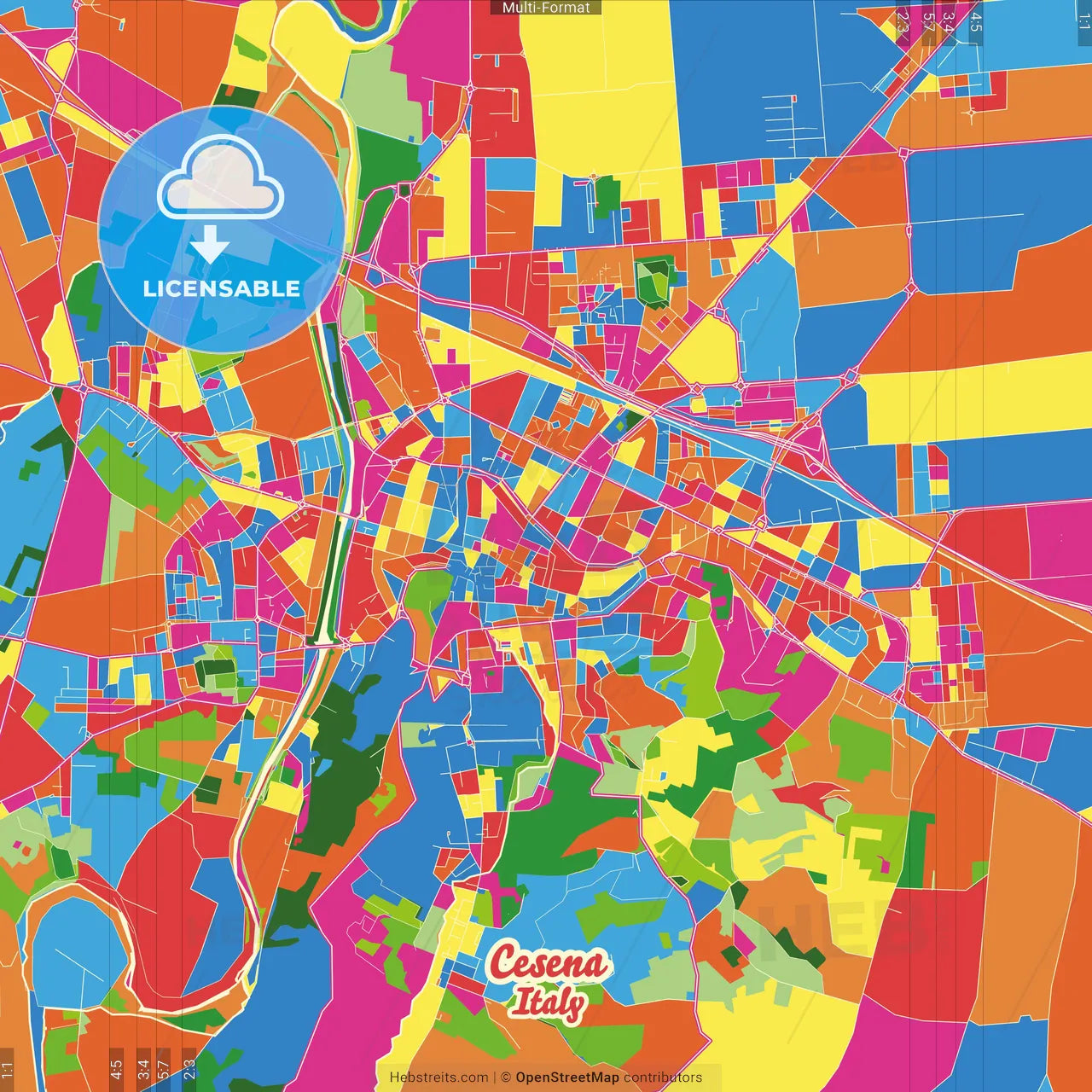 Cesena, Emilia-Romagna, Italy Crazy Colorful Street Map Poster Template