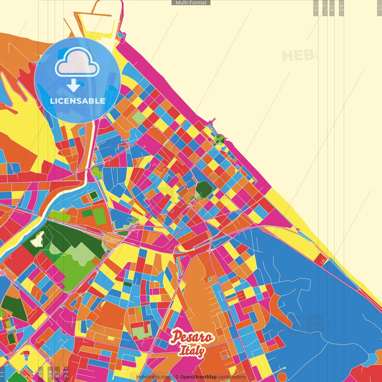 Pesaro, Marche, Italy Crazy Colorful Street Map Poster Template