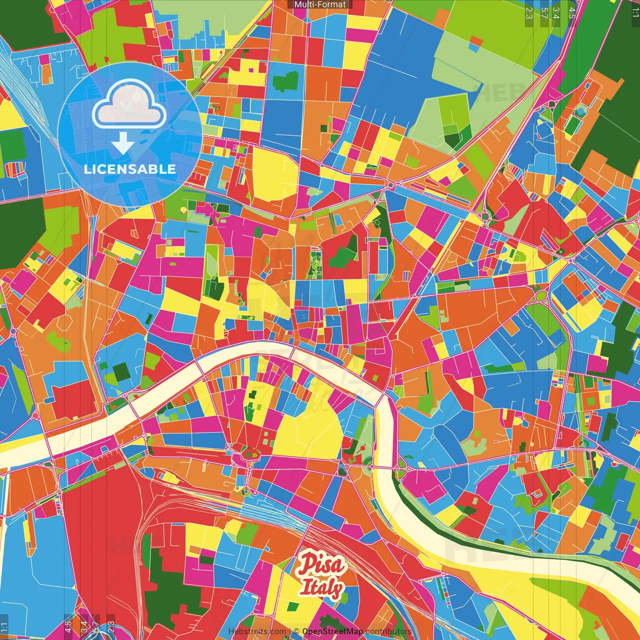 Pisa, Tuscany, Italy Crazy Colorful Street Map Poster Template