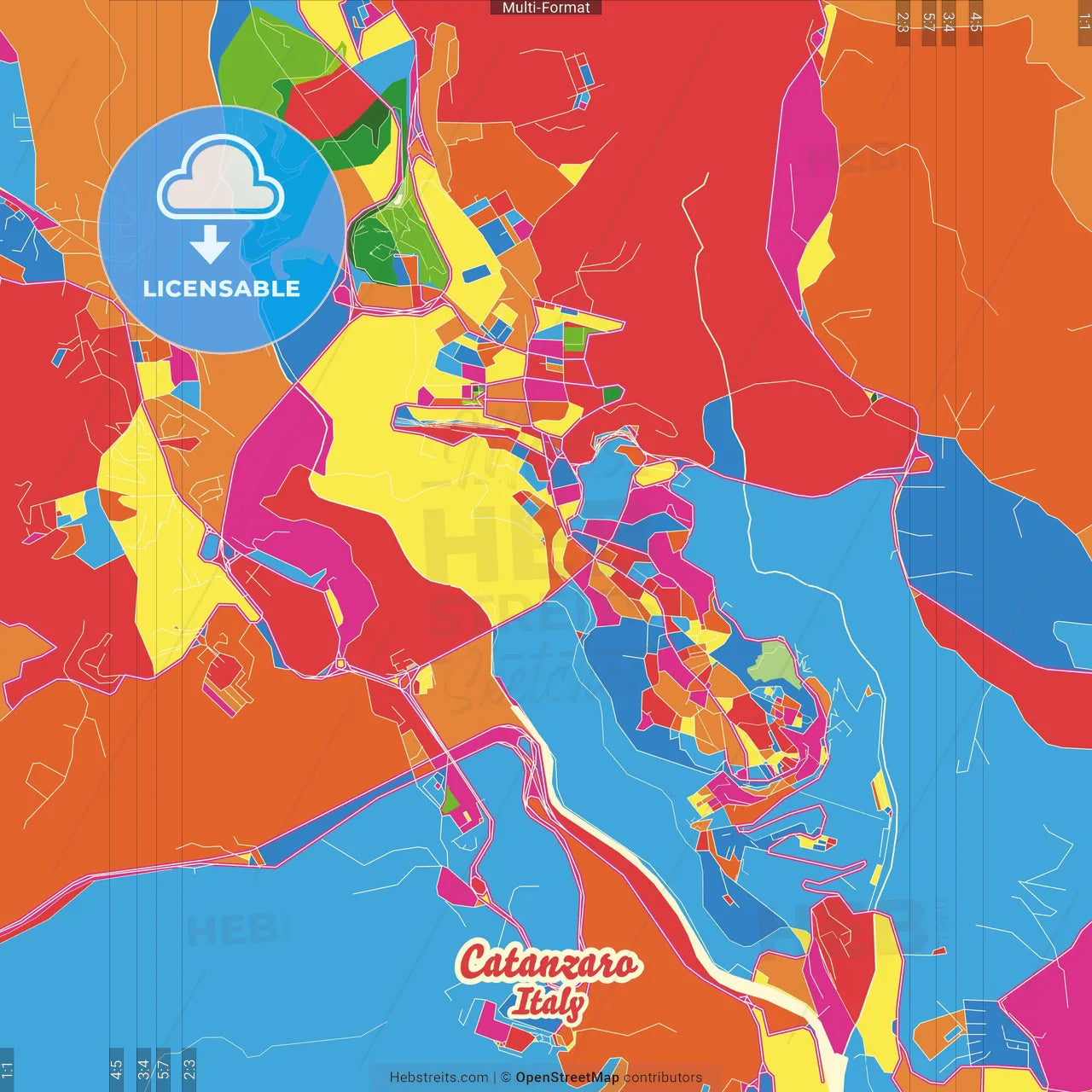Catanzaro, Calabria, Italy Crazy Colorful Street Map Poster Template