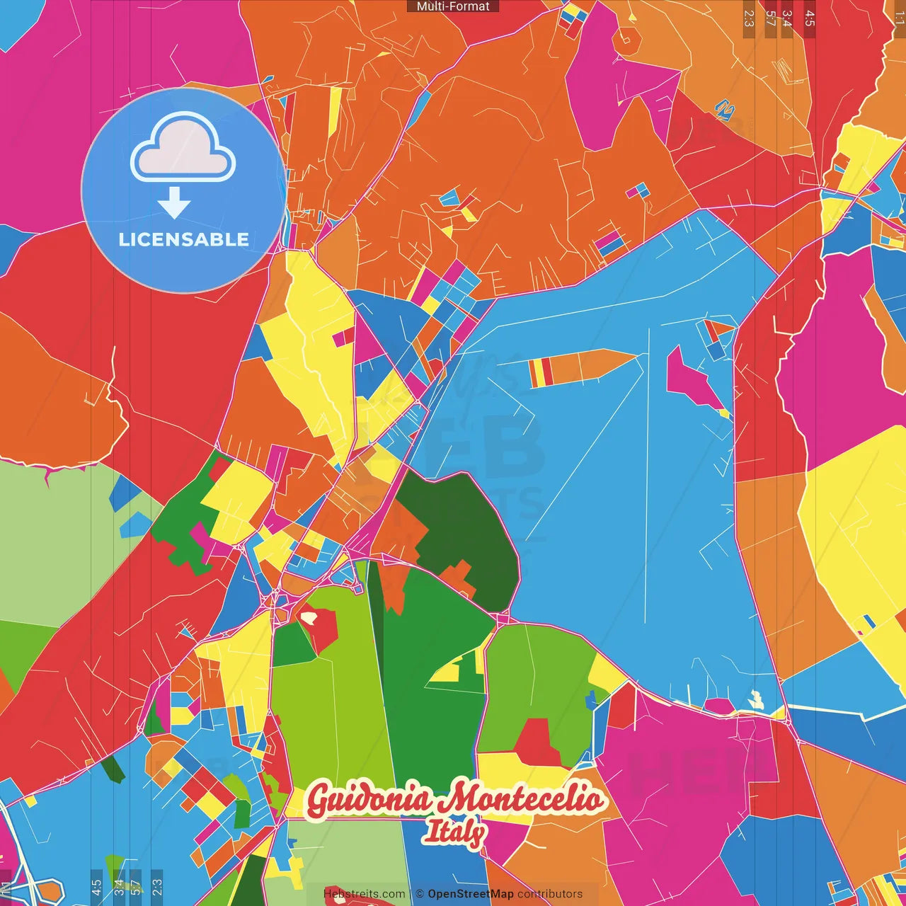 Guidonia Montecelio, Lazio, Italy Crazy Colorful Street Map Poster Template