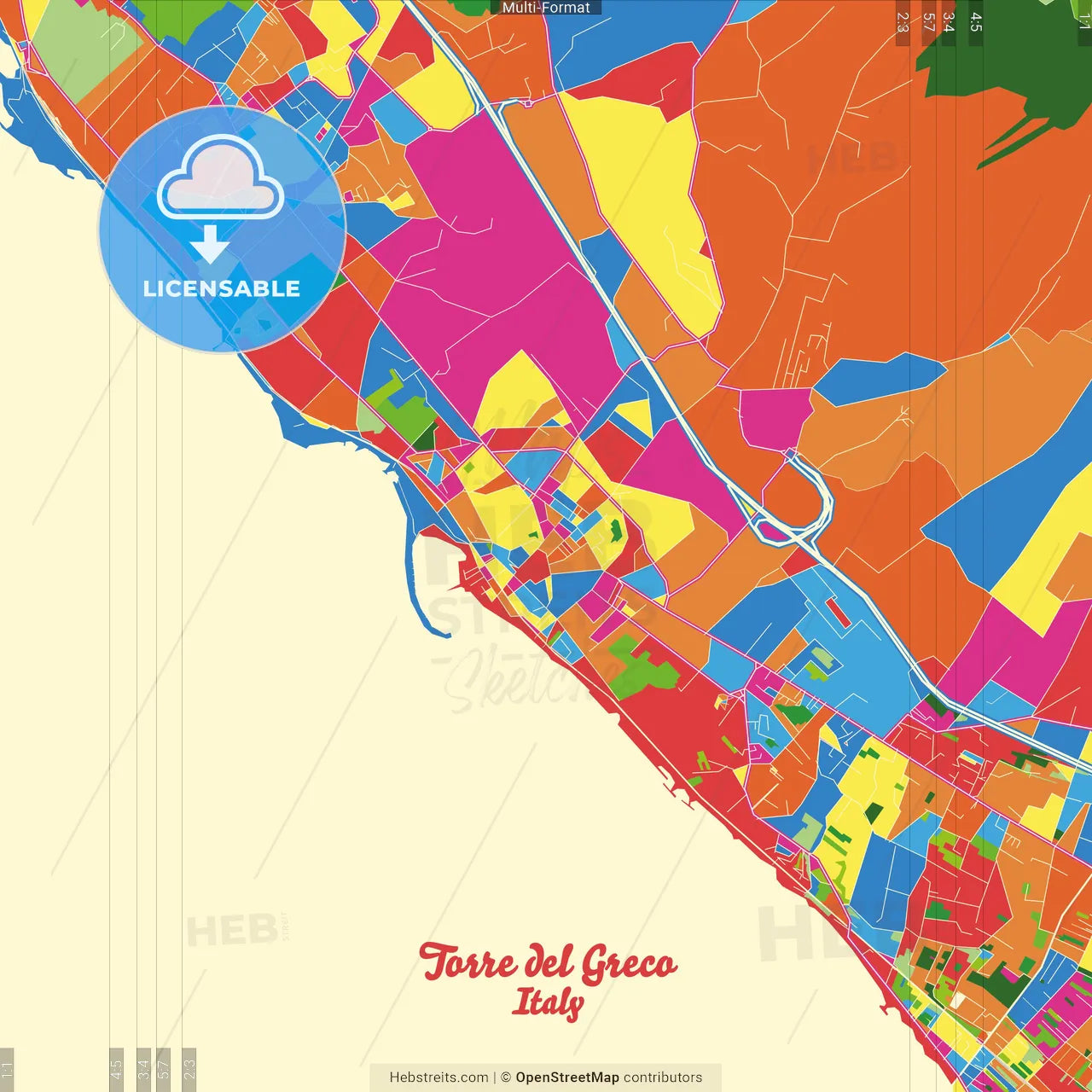 Torre del Greco, Campania, Italy Crazy Colorful Street Map Poster Template