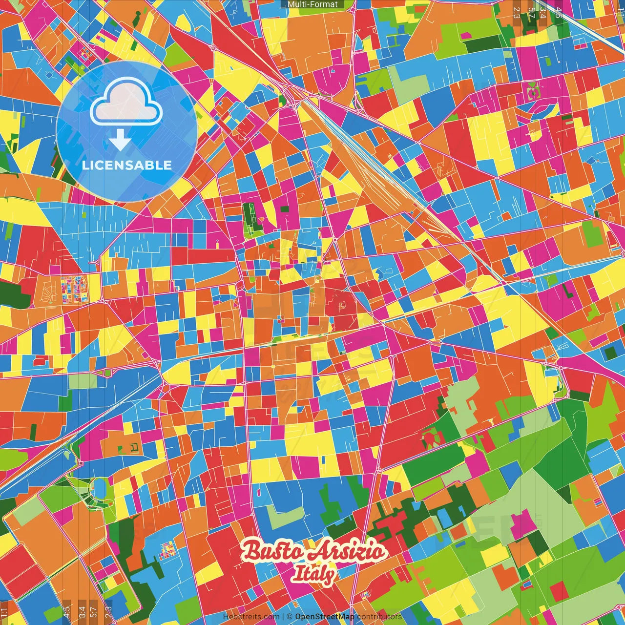 Busto Arsizio, Lombardy, Italy Crazy Colorful Street Map Poster Template