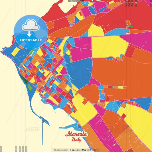 Marsala, Sicily, Italy Crazy Colorful Street Map Poster Template
