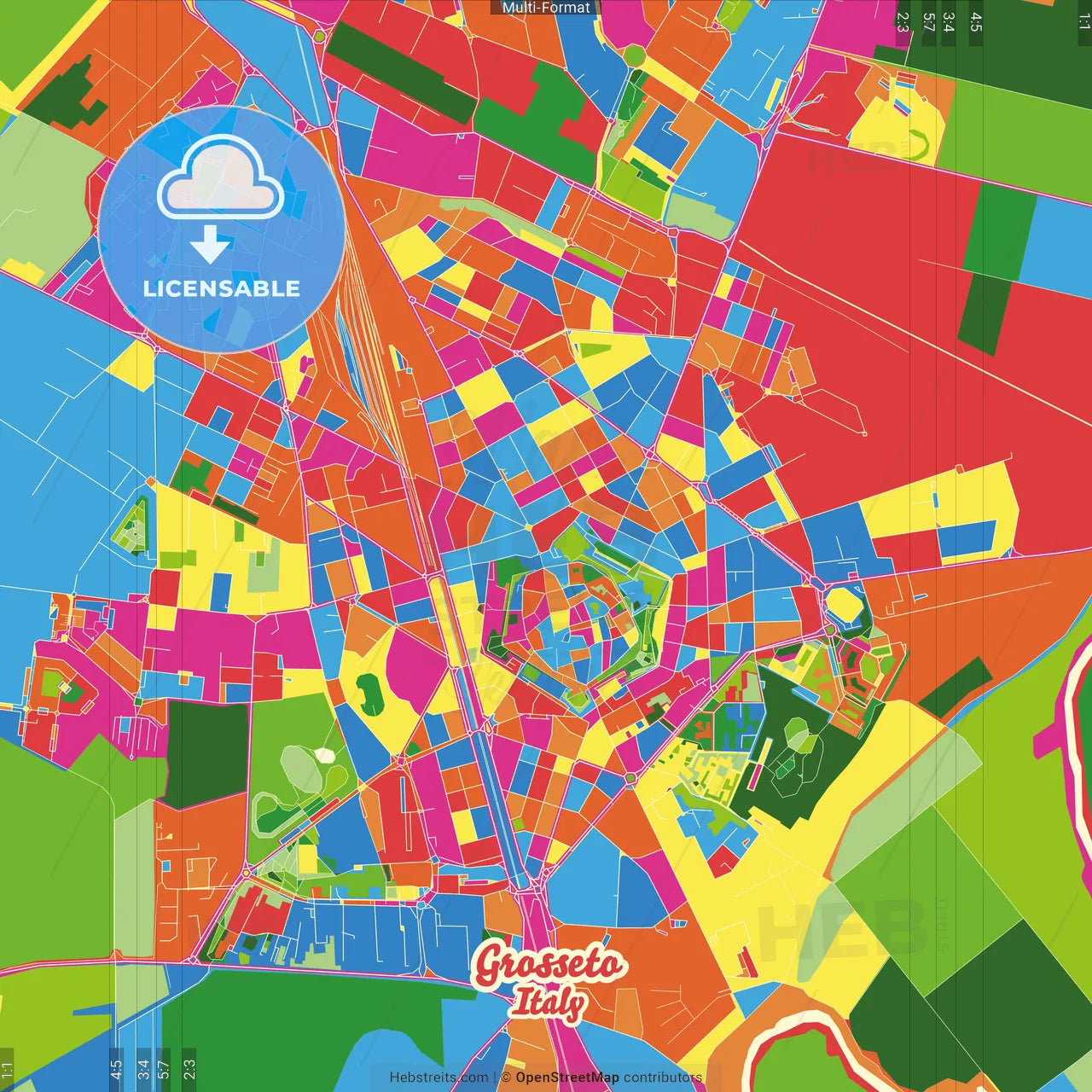 Grosseto, Tuscany, Italy Crazy Colorful Street Map Poster Template